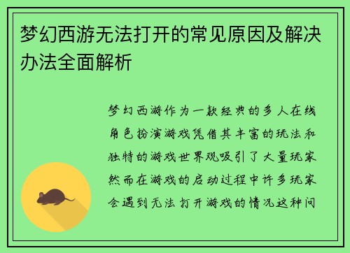梦幻西游无法打开的常见原因及解决办法全面解析