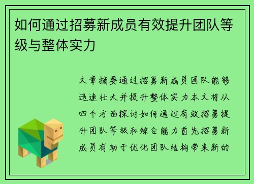 如何通过招募新成员有效提升团队等级与整体实力 如何通过招募新成员有效提升团队等级与整体实力